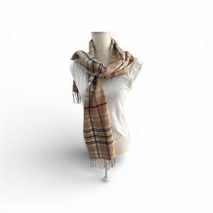 Peck & Peck 100% Cashmere Plaid Scarf Camel Classic Fringe